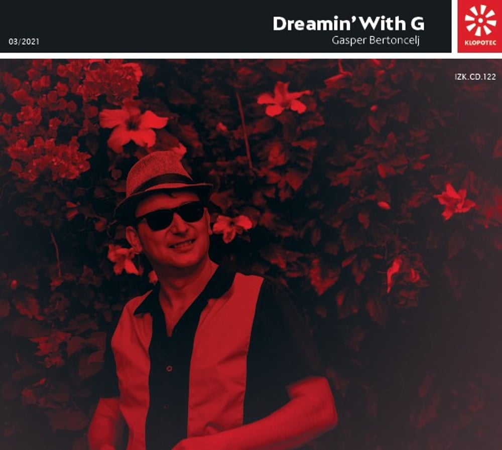 CD cover, Dreamin' with G, a guy in sunglasses and a hat with roses in red and black colors.